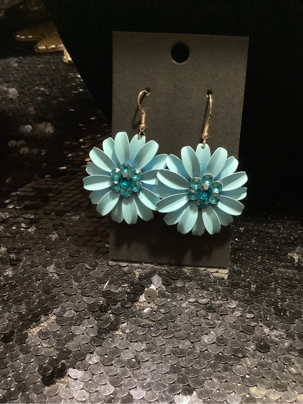 Aqua Floral Drop Earrings with Crystal Center -